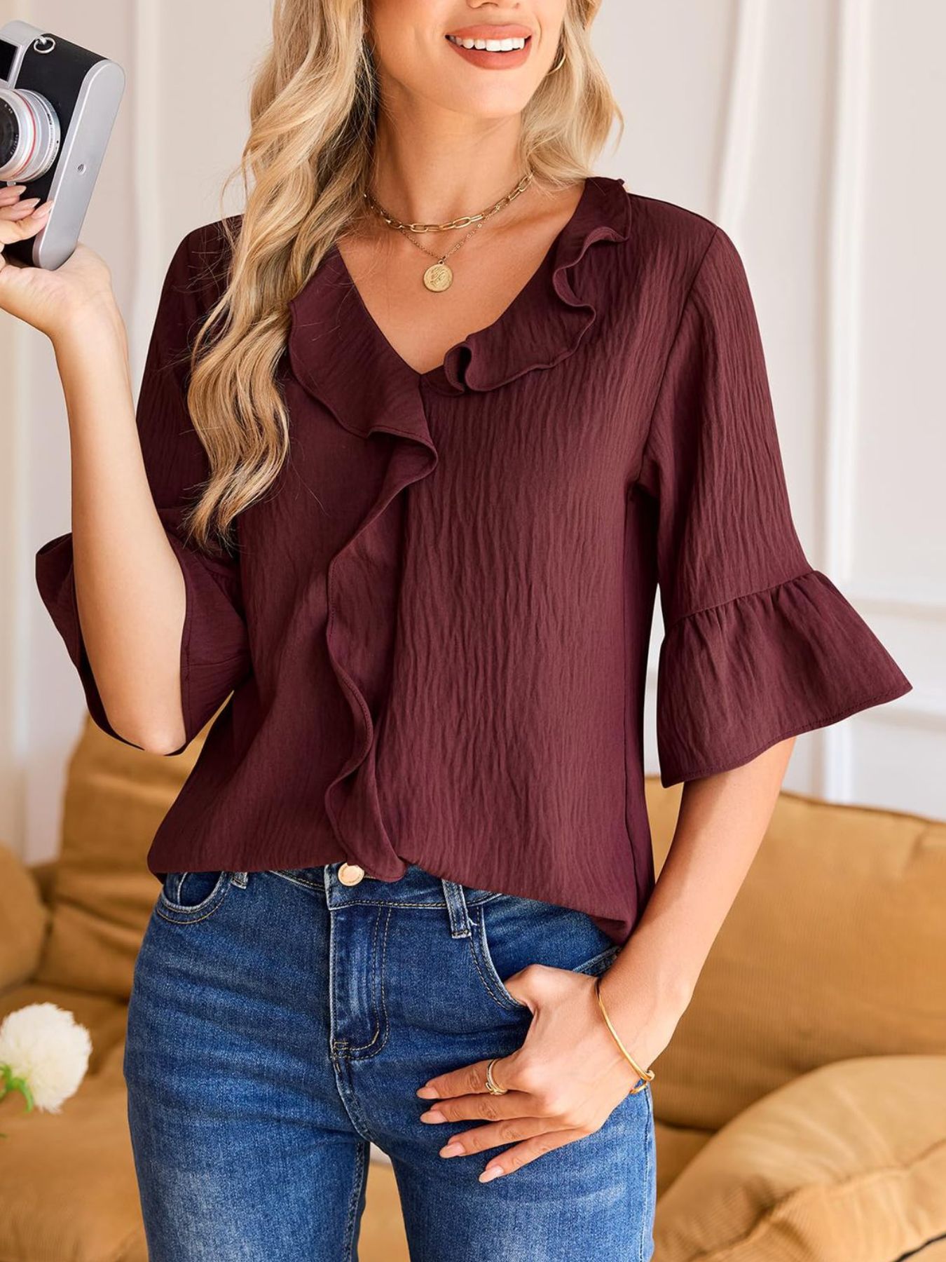 Ruffle V-Neck Flounce Sleeve Blouse