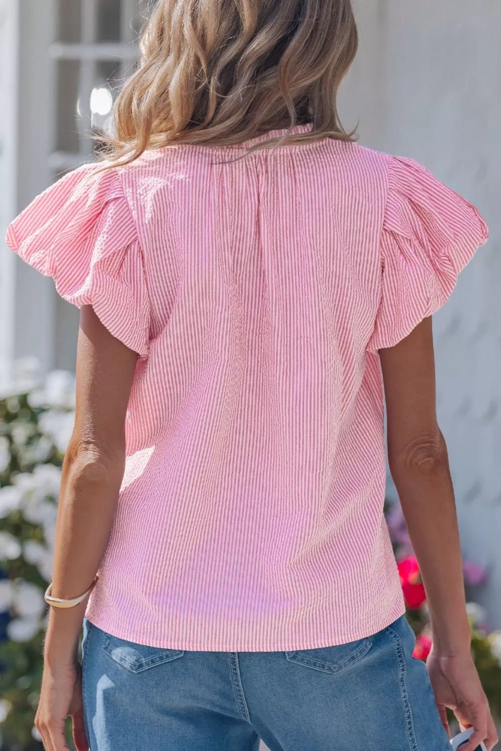 Stripe Short Bubble Sleeve Split V Neck Blouse