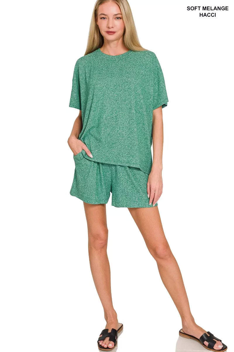 Zenana Soft Melange Short Sleeve Tee and Shorts Set