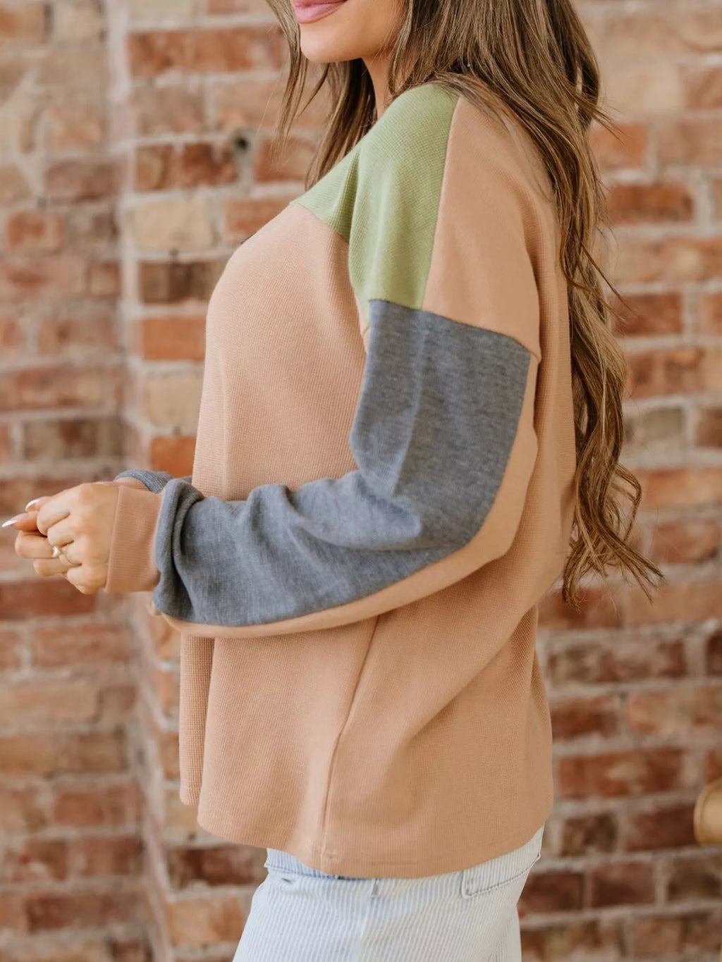 Color Block Thermal Textured Knit Drop Shoulder Henley Top