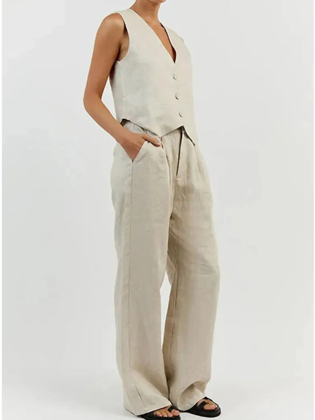 Full Size V-Neck Vest and Wide Leg Pants Set Plus Size