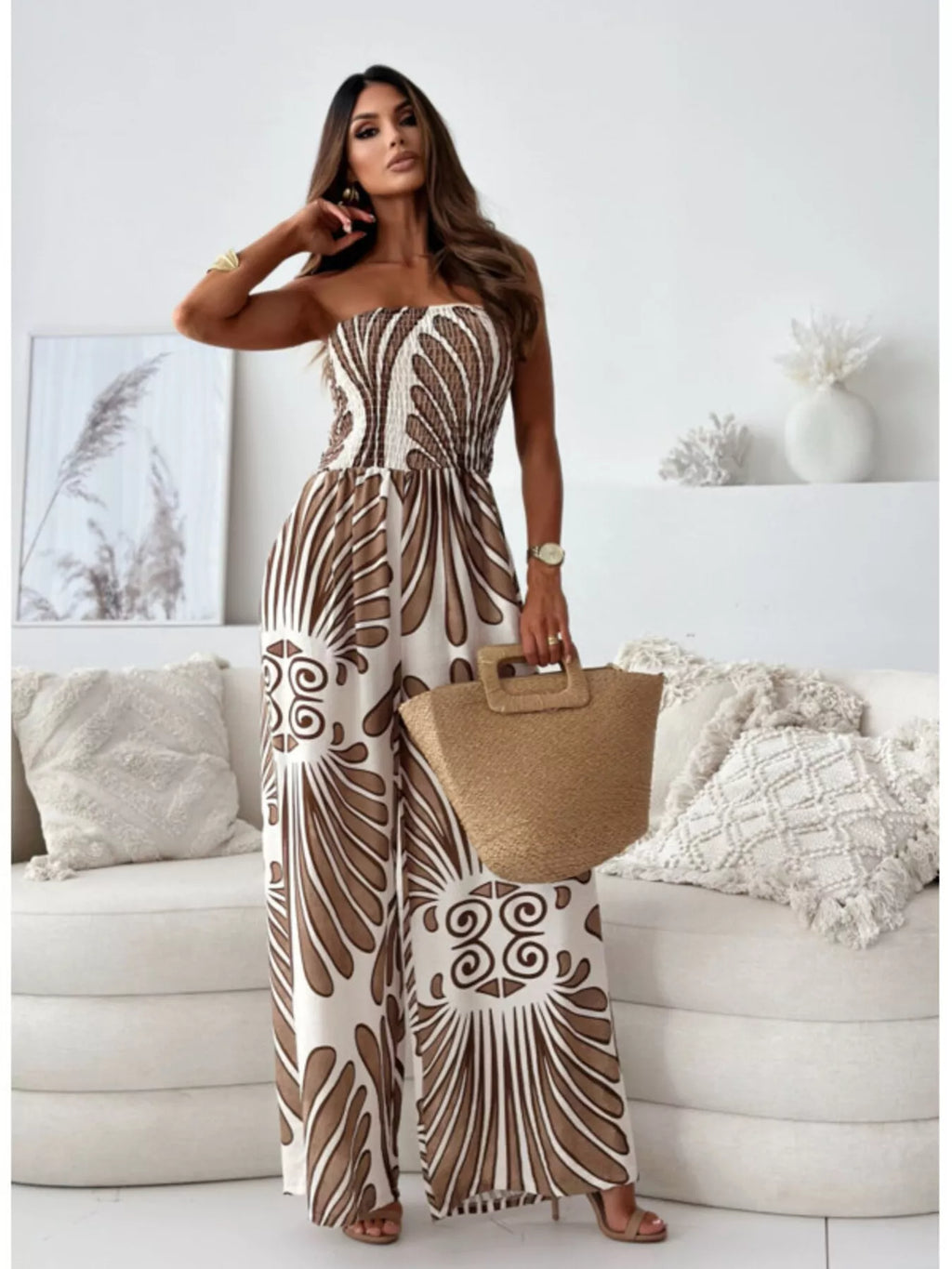 Printed Strapless Wide-Leg Jumpsuit