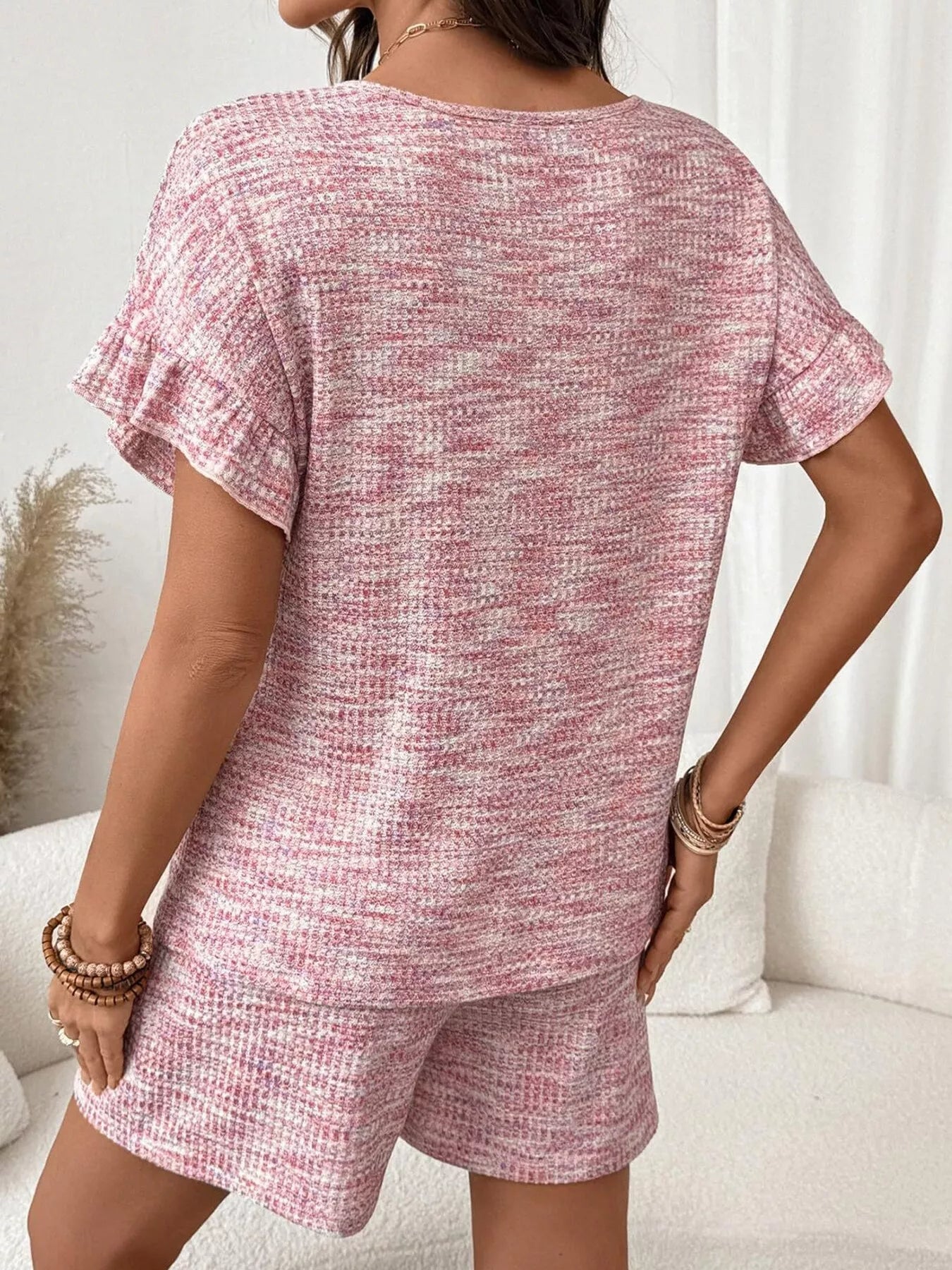 Ruffle Sleeve Textured Top and Shorts Set