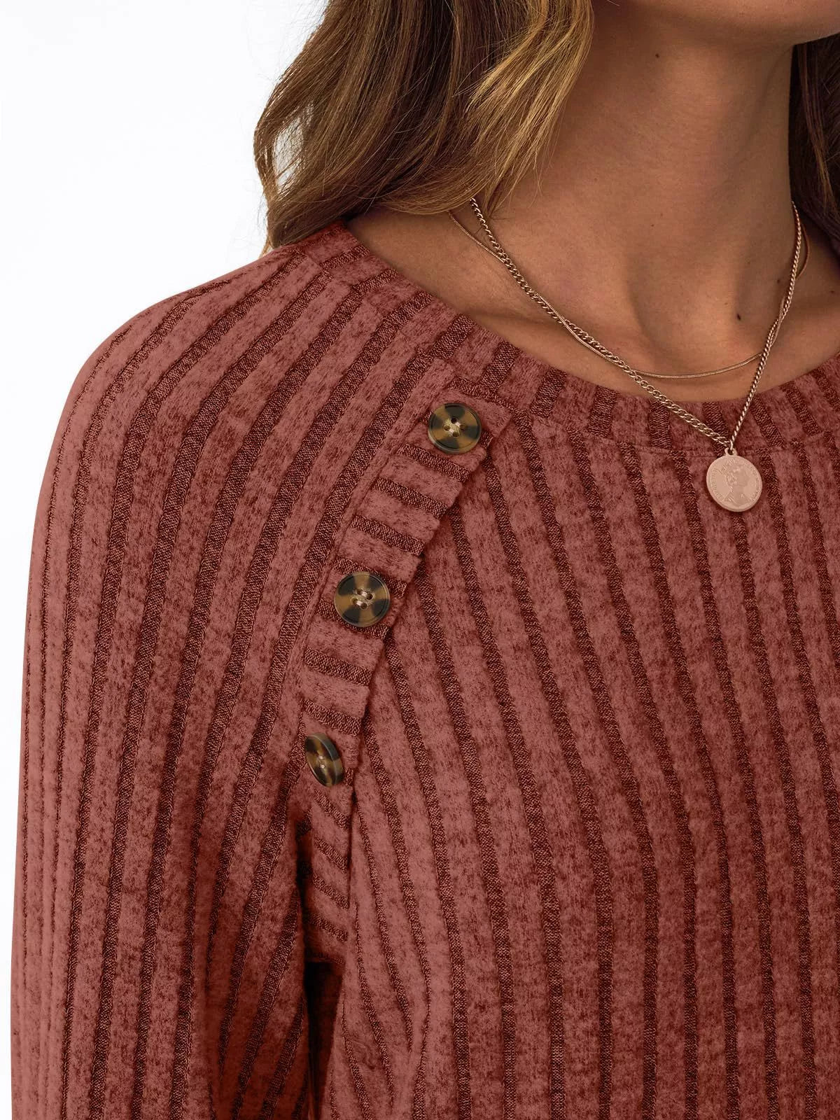 Ribbed Knit Decor Button Long Sleeve T-Shirt