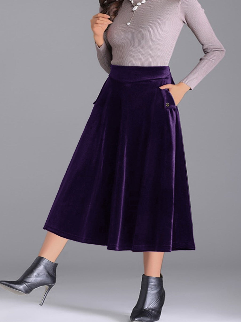 Plus Size Elegant Velvet A-Line Midi Skirt
