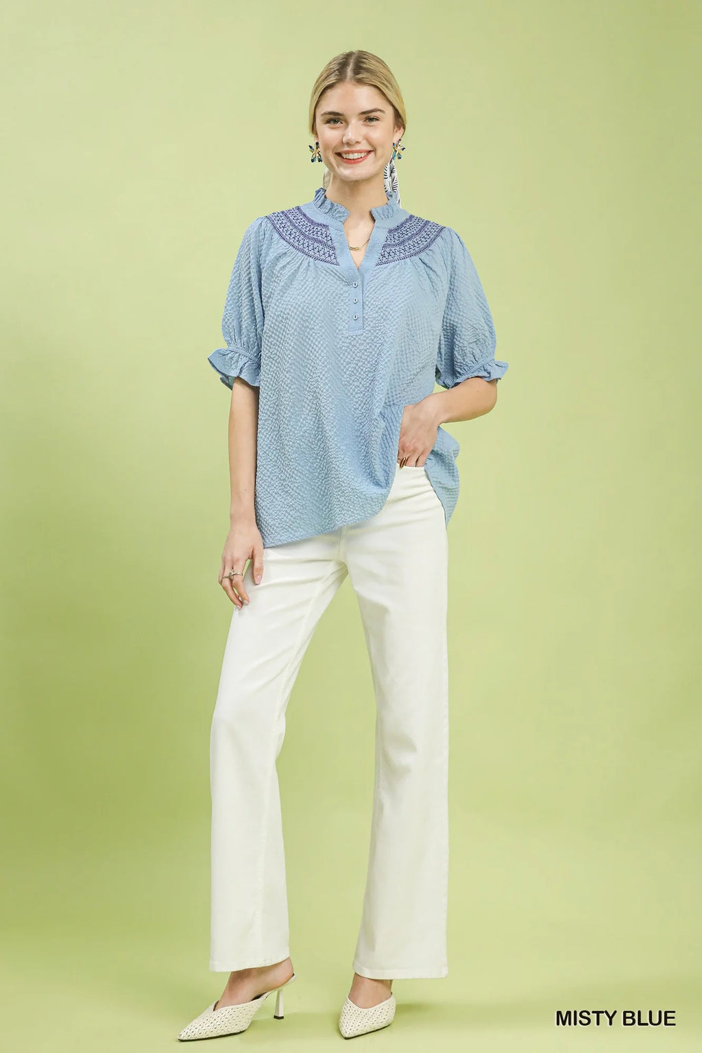 Umgee Textured Henley Blouse with Ruffle Cuffs