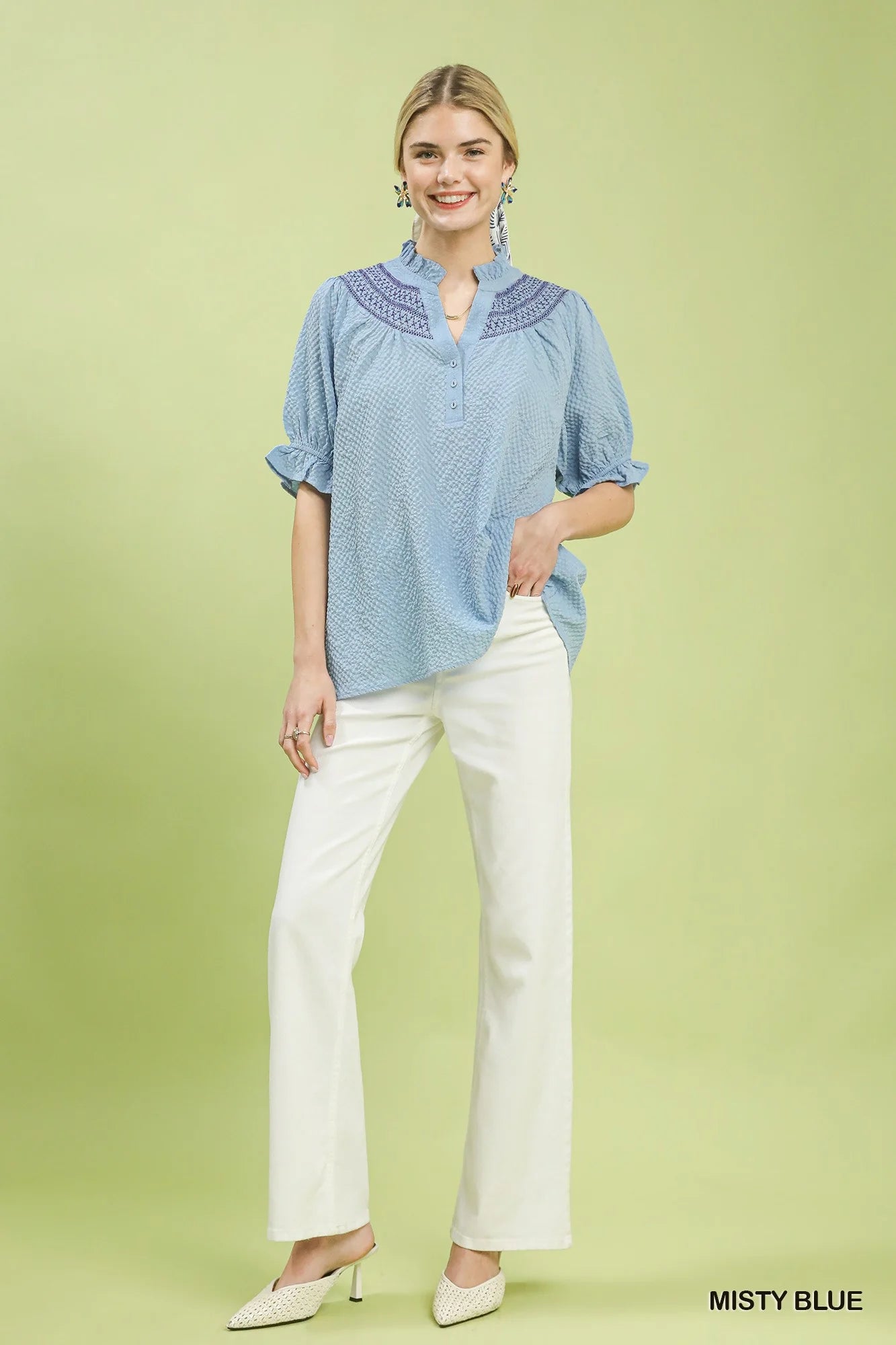 Umgee Textured Henley Blouse with Ruffle Cuffs
