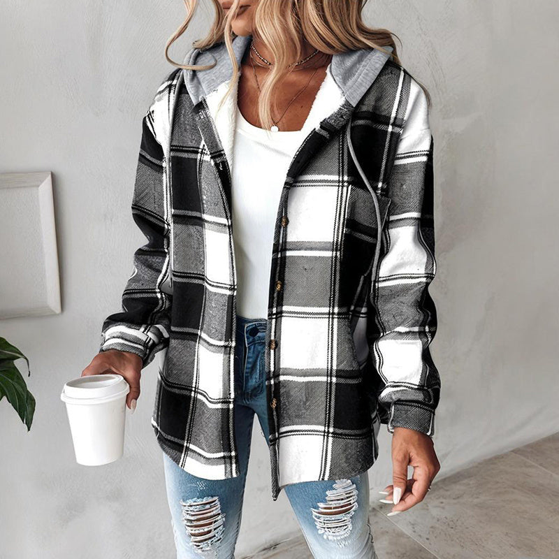 Women's Plaid Hoodie Long Sleeve Jacket With Pocket