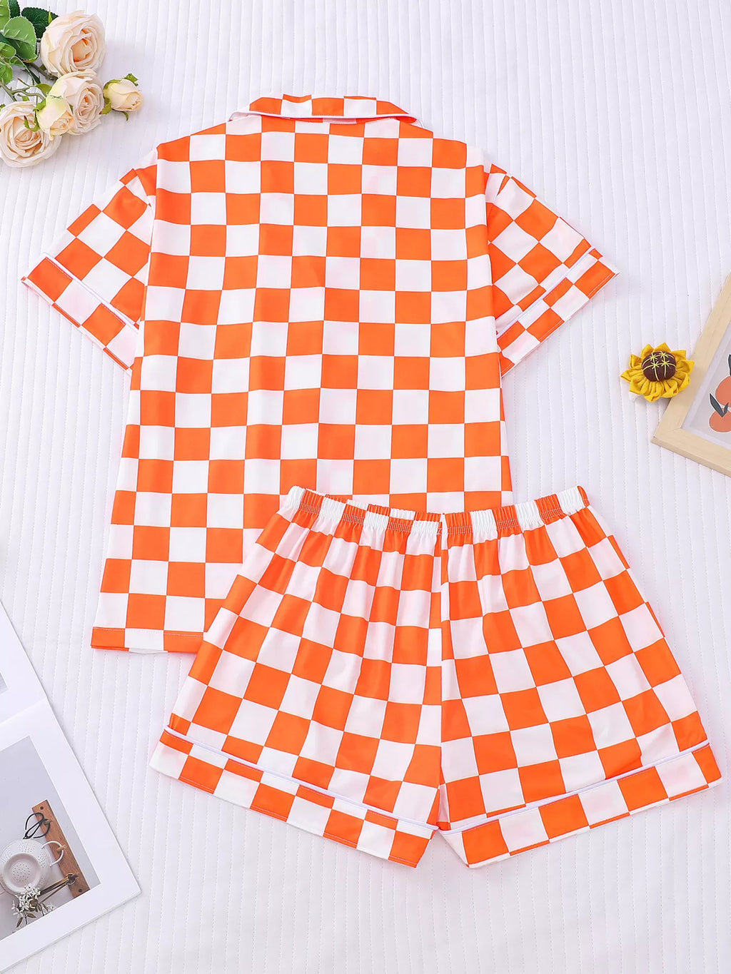 Checkered Print Button Up Top and Shorts Lounge Set
