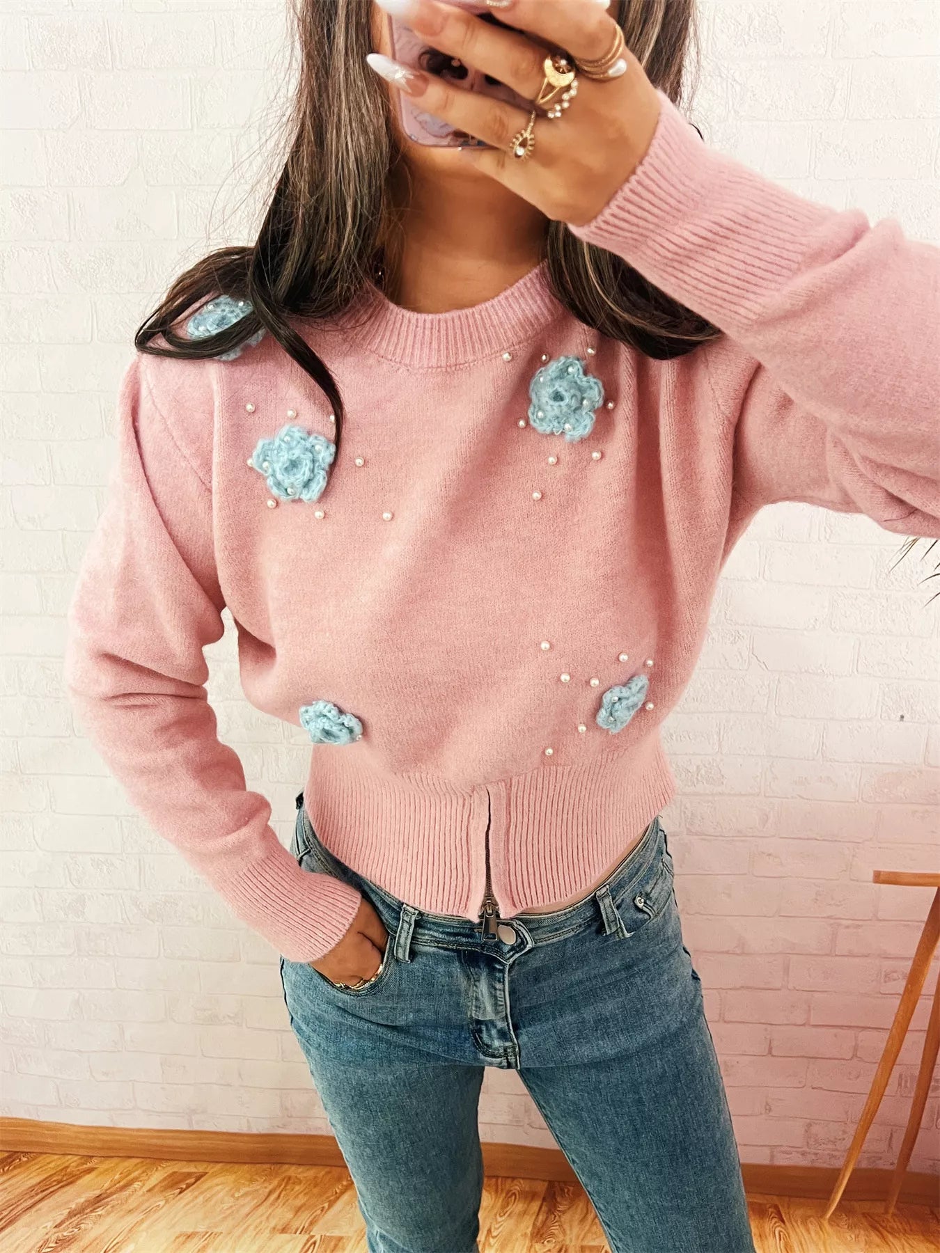 Flower Pearl Detail Ribbed Hem Sweater