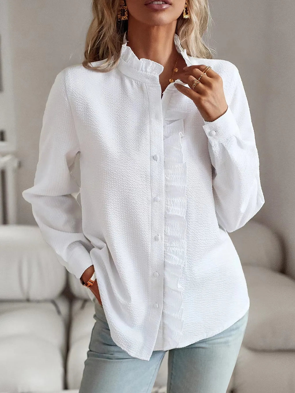 Striped Ruffle Detail Button-Up Blouse
