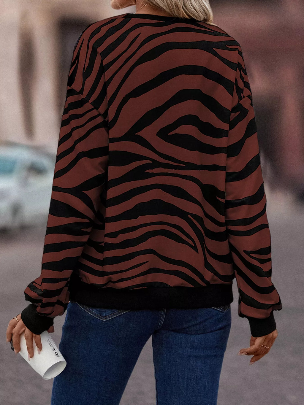 Zebra Print Round Neck Casual Sweatshirt