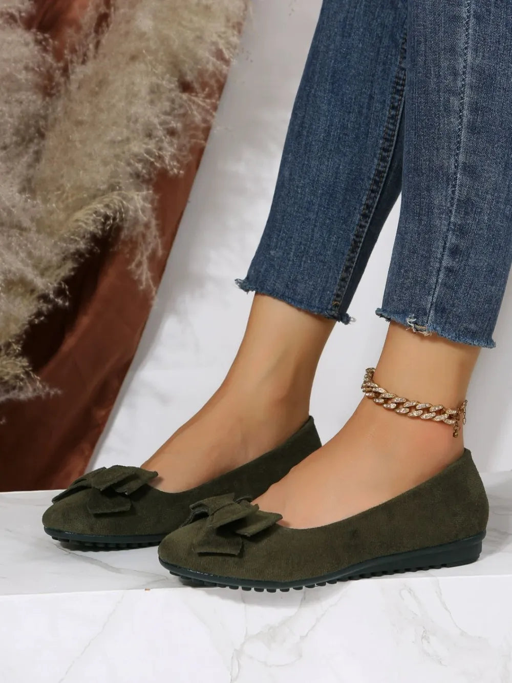 Bow Solid Color Round Toe Flat Slip-Ons