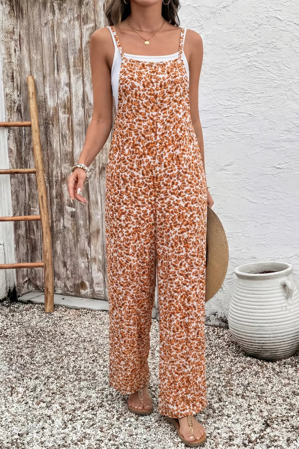 Floral Print Spaghetti Strap Wide Leg Jumpsuit