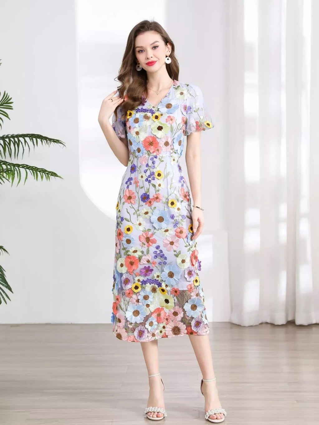 Floral Embroidered Puff Sleeve Midi Dress