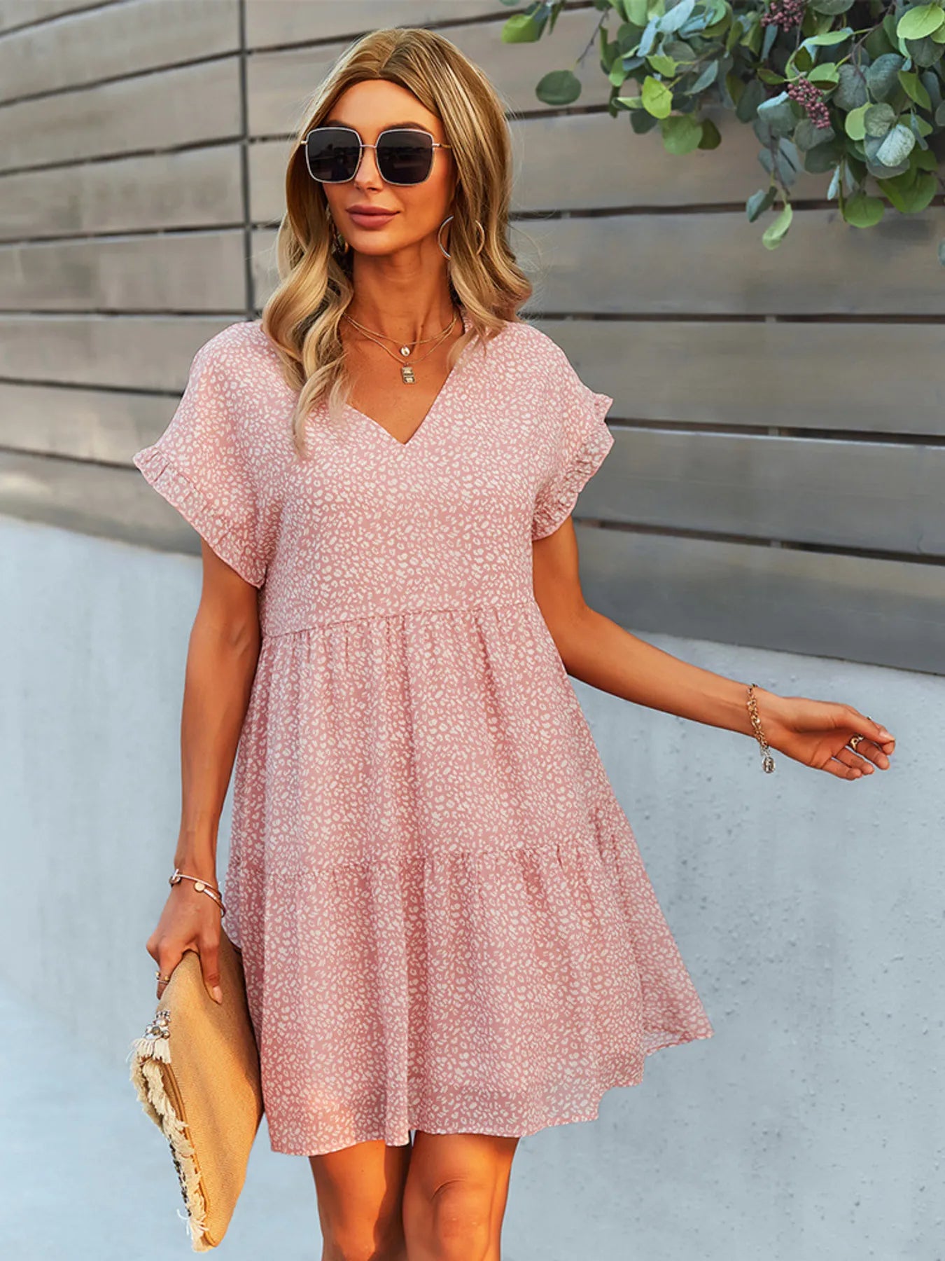 Floral Print V-Neck Ruffle Tiered Summer Mini Dress