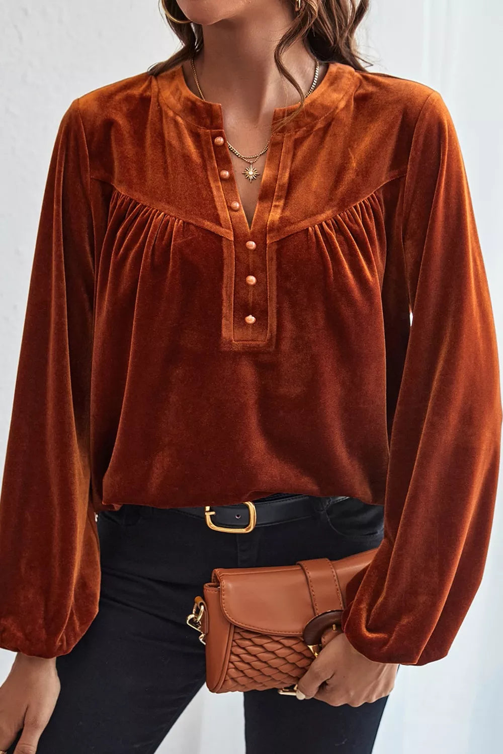 Velvet Button-Front Long Sleeve Blouse