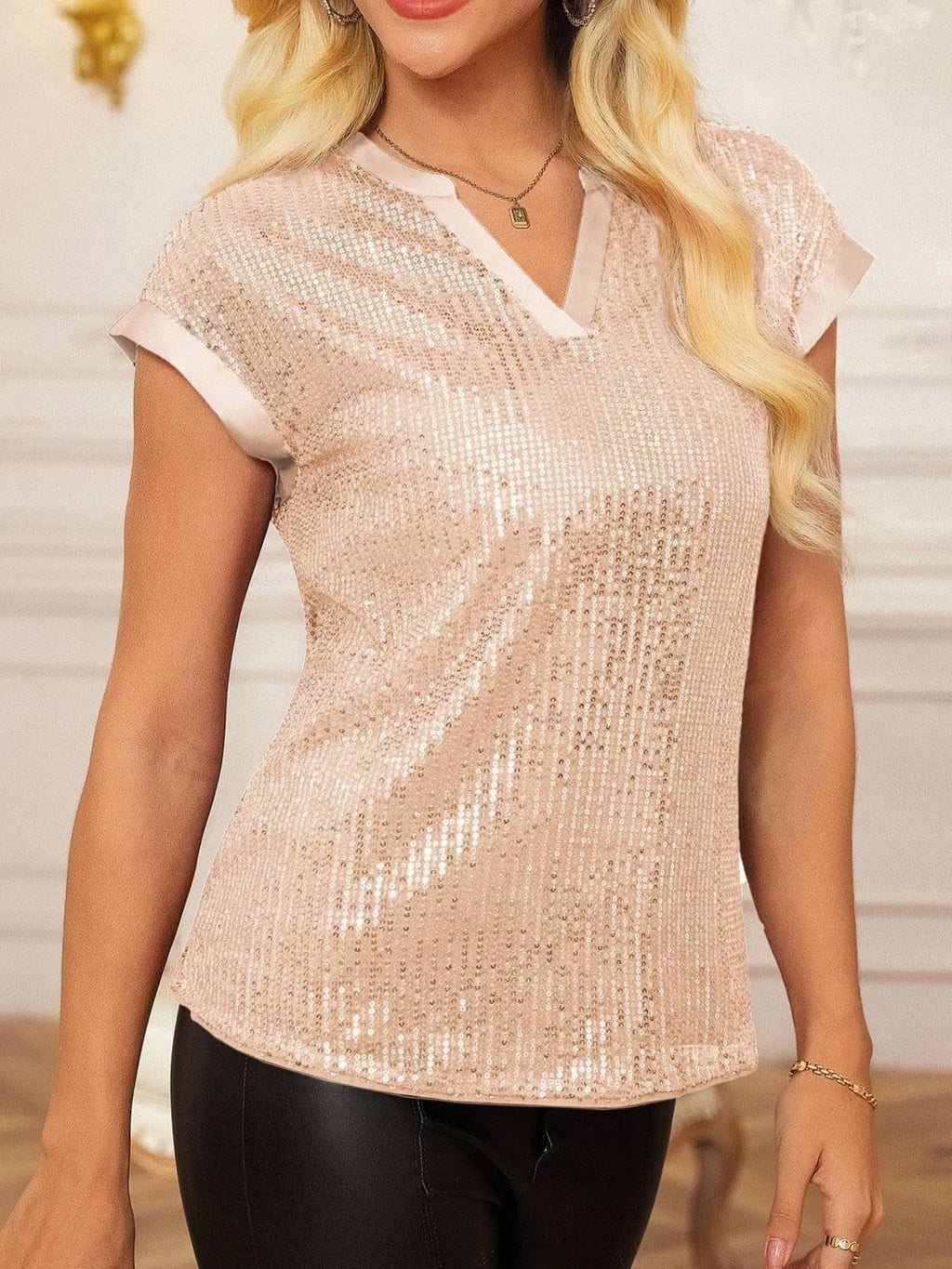 Sequin Notched Cap Sleeve Blouse