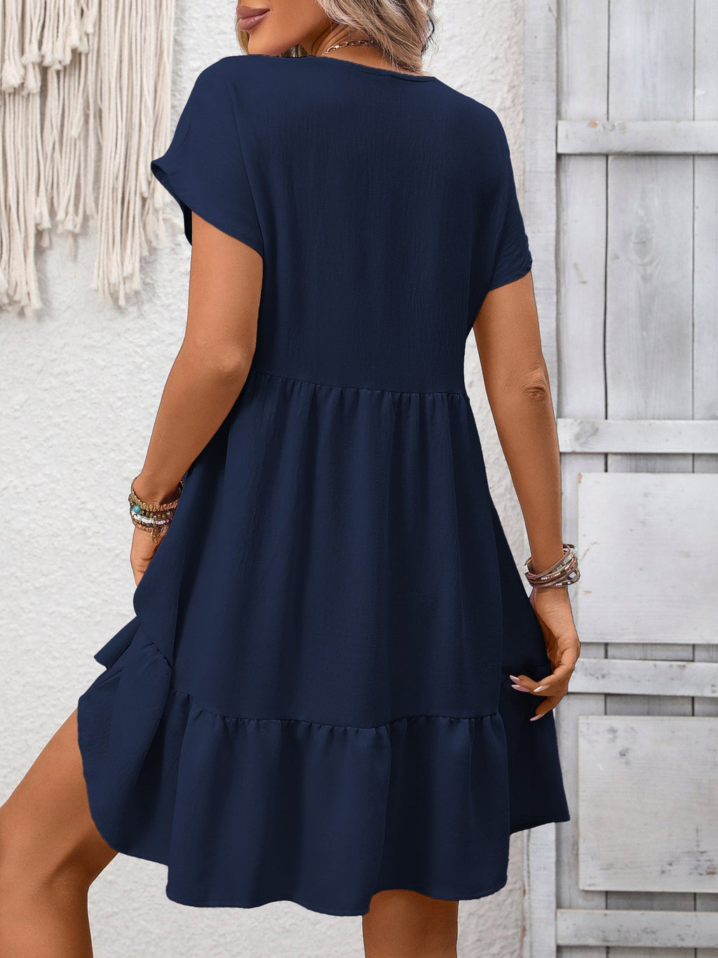 Casual V-Neck Ruffle Hem Mini Dress