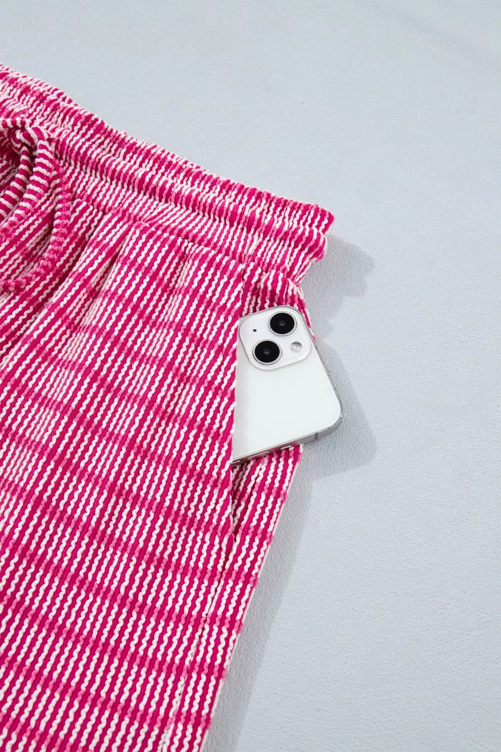 Stripe Raised Rib Loose Tee Drawstring Elastic Waist 2pcs Short Set