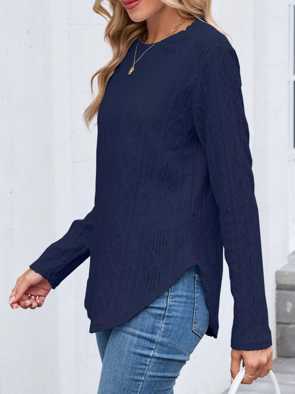 Openwork Textured Long Sleeve Top