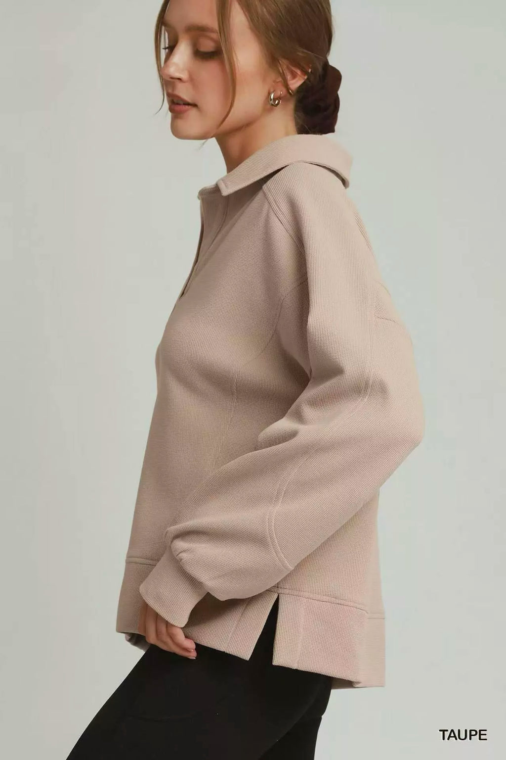 Umgee Brushed Waffle Polo Collared Pullover