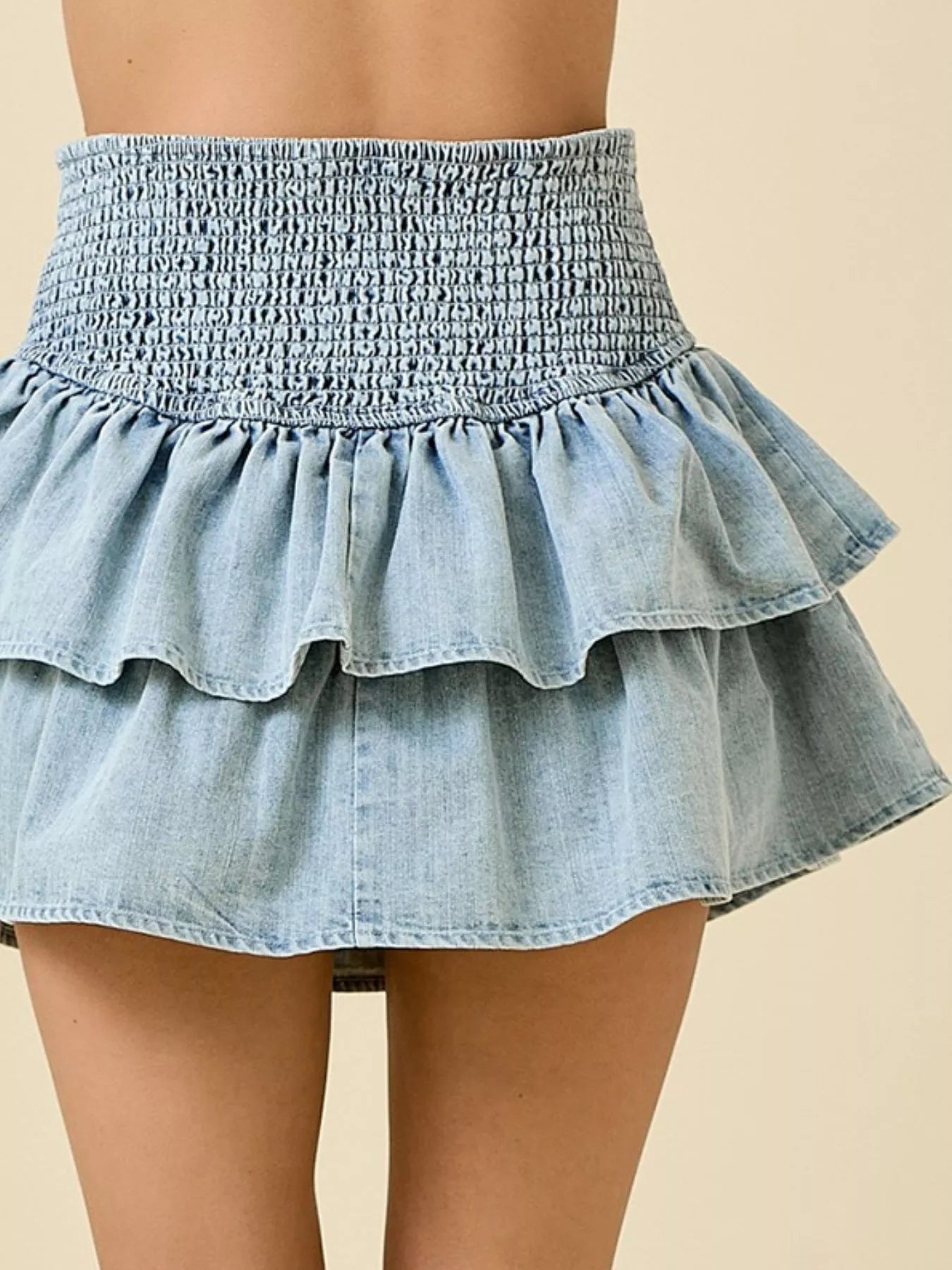 Layered Ruffle Smocked Waist Denim Skirt