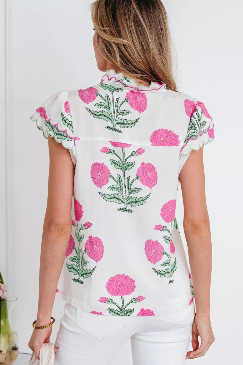 Contrast Scallop Trim Layered Short Sleeve V Neck Blouse