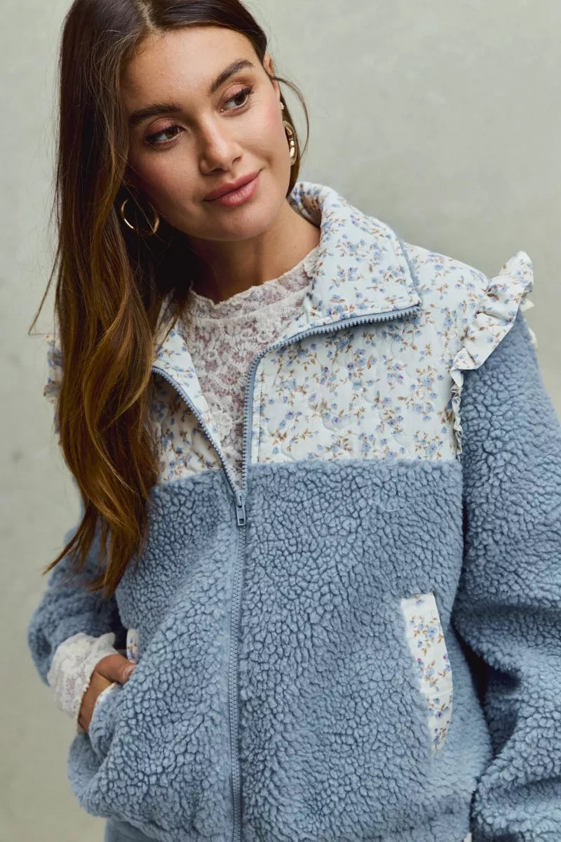 SO ME Faux Fur Sherpa Pull Jacket with Floral Contrast