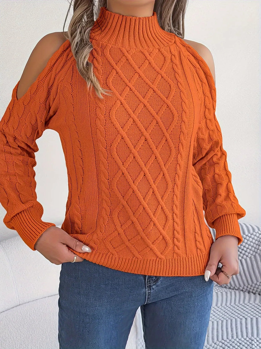 Cable Knit Cold Shoulder Turtleneck Sweater