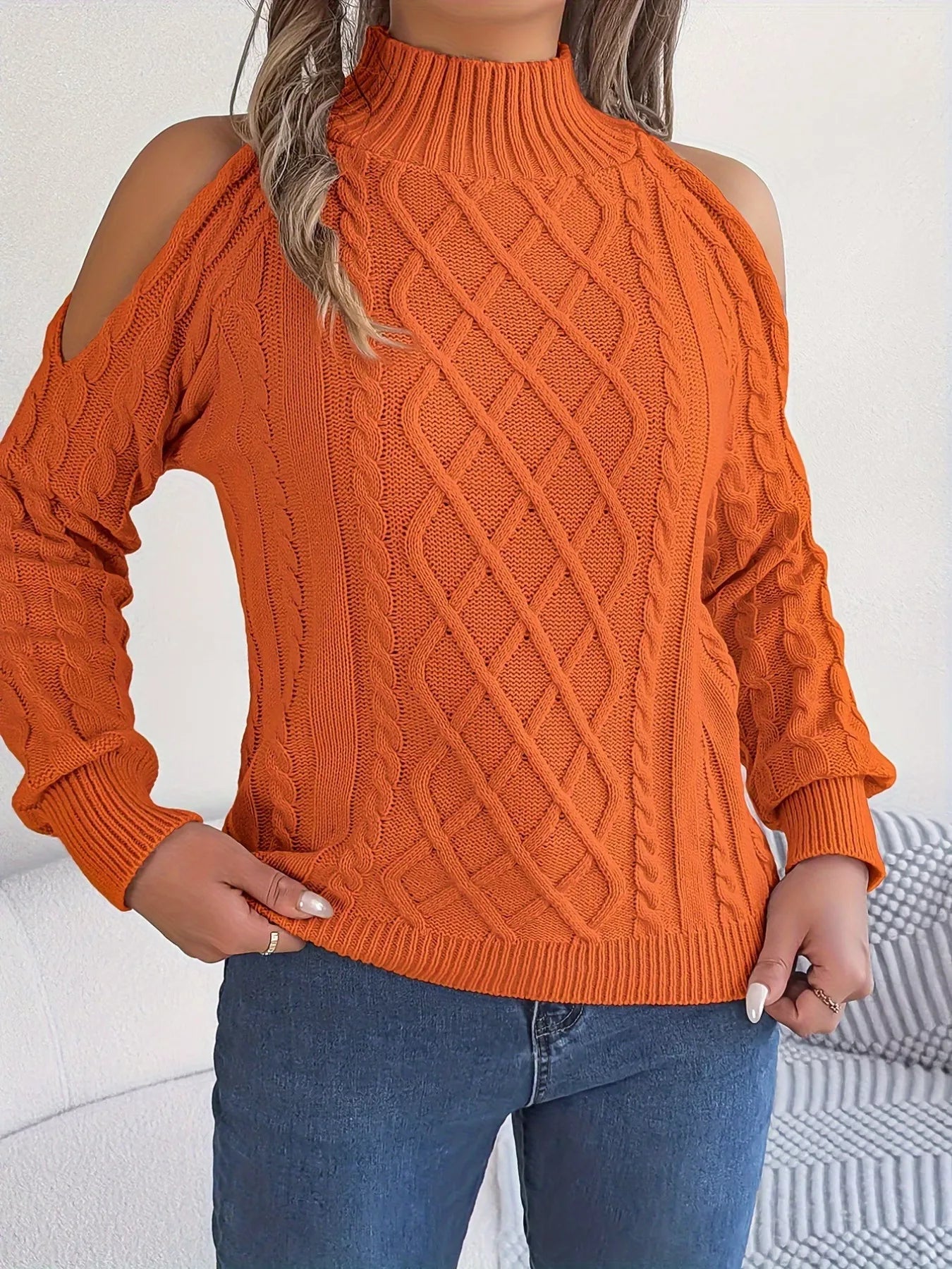 Cable Knit Cold Shoulder Turtleneck Sweater