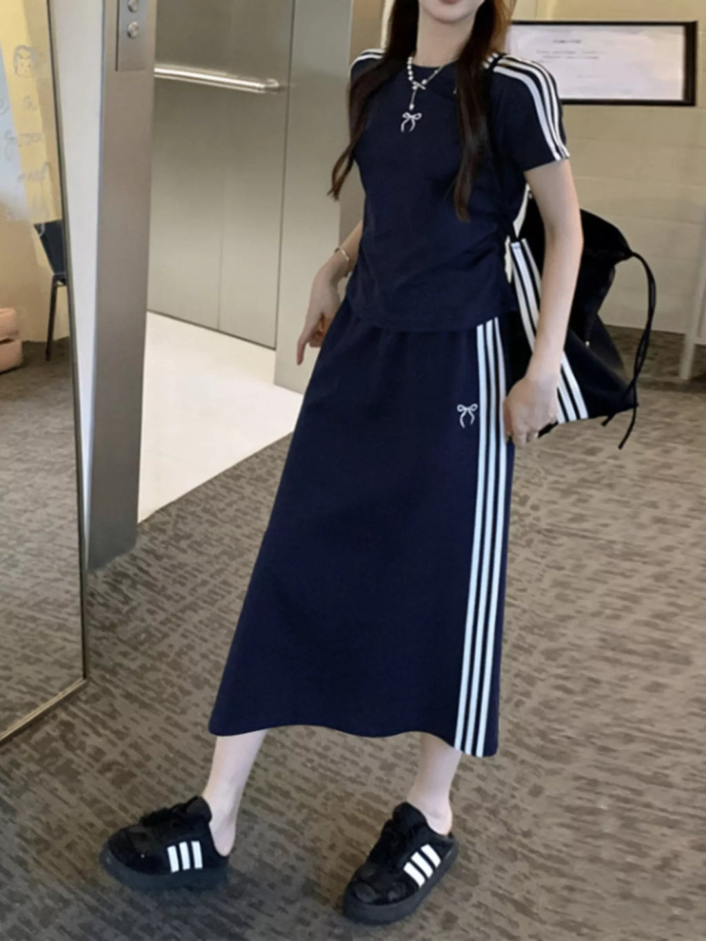 Striped Round Neck Tee and Skirt Set