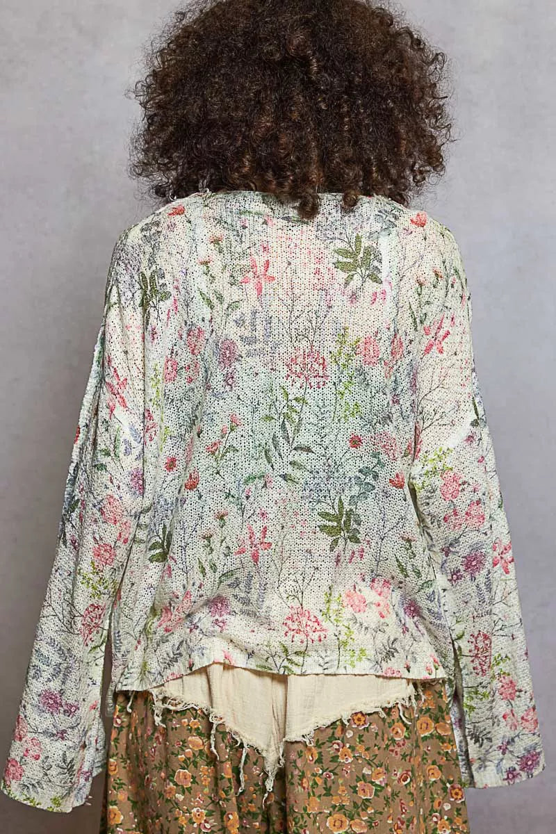 POL Open Front Floral Cardigan with Center Open Fringe