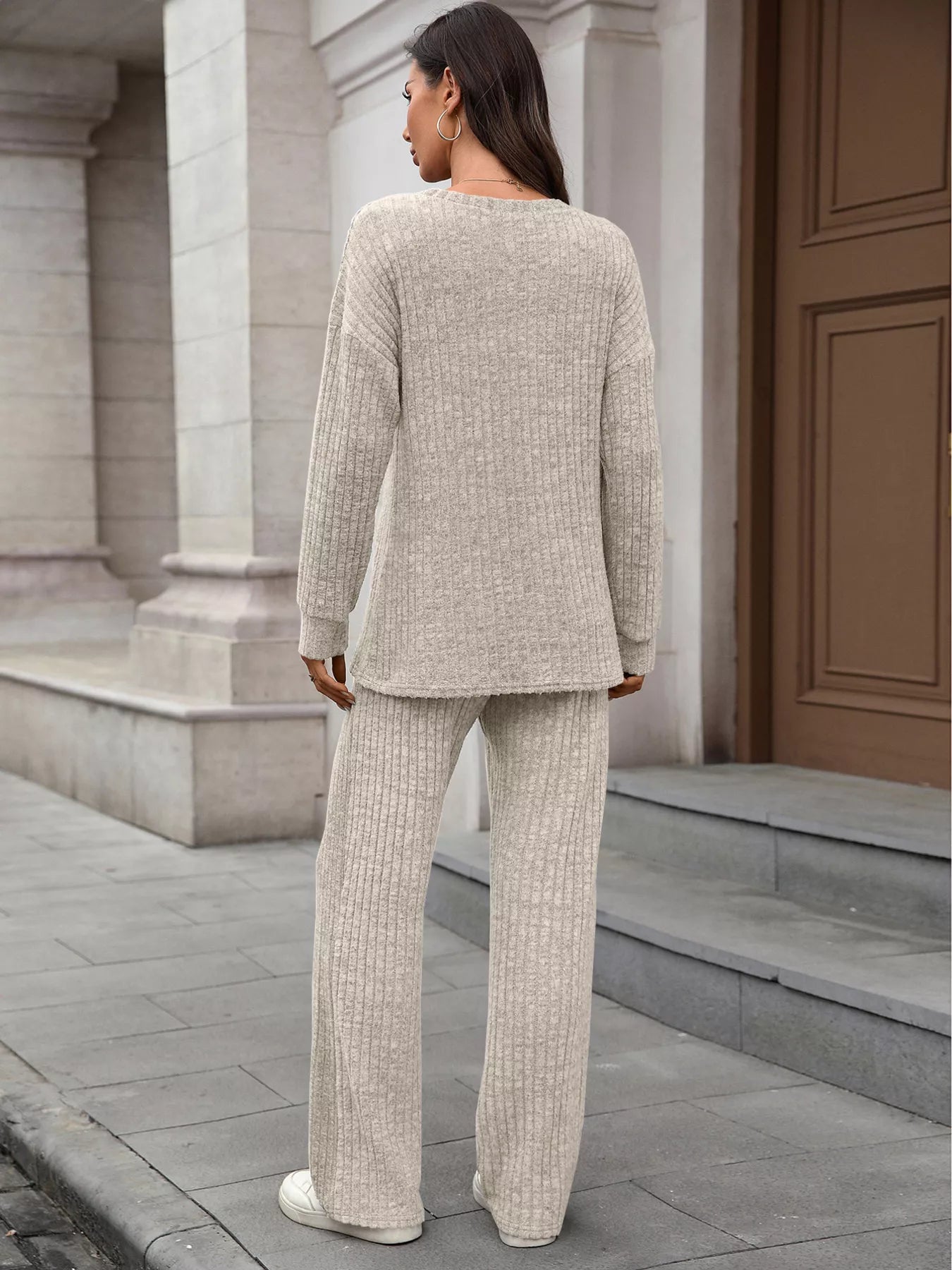 Ribbed Round Neck Top and Pants Set