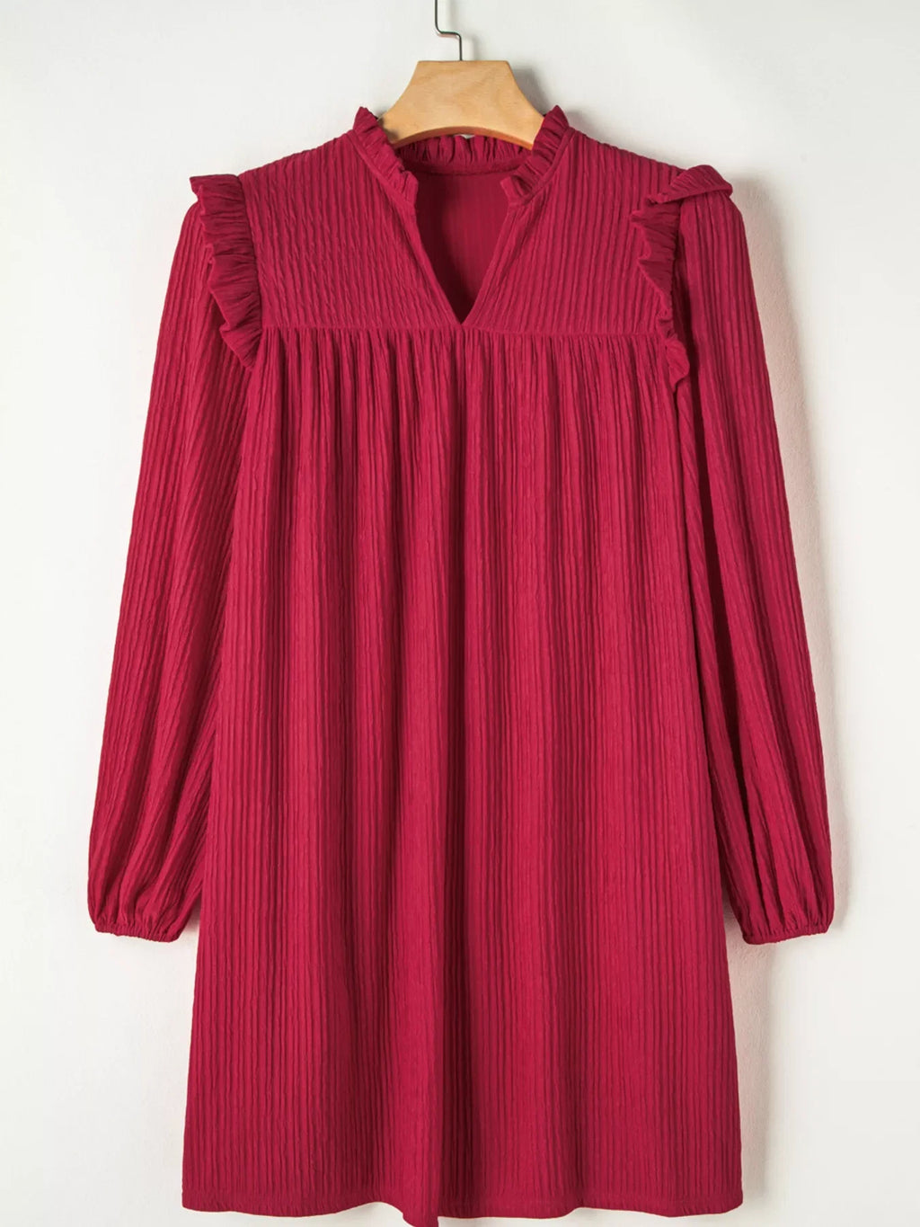 Textured Ruffled Trim Loose Fit Mini Dress