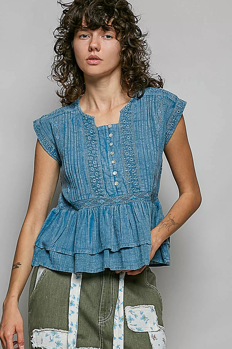POL Eyelet Embroidery Pintuck Sleeveless Cotton Blouse