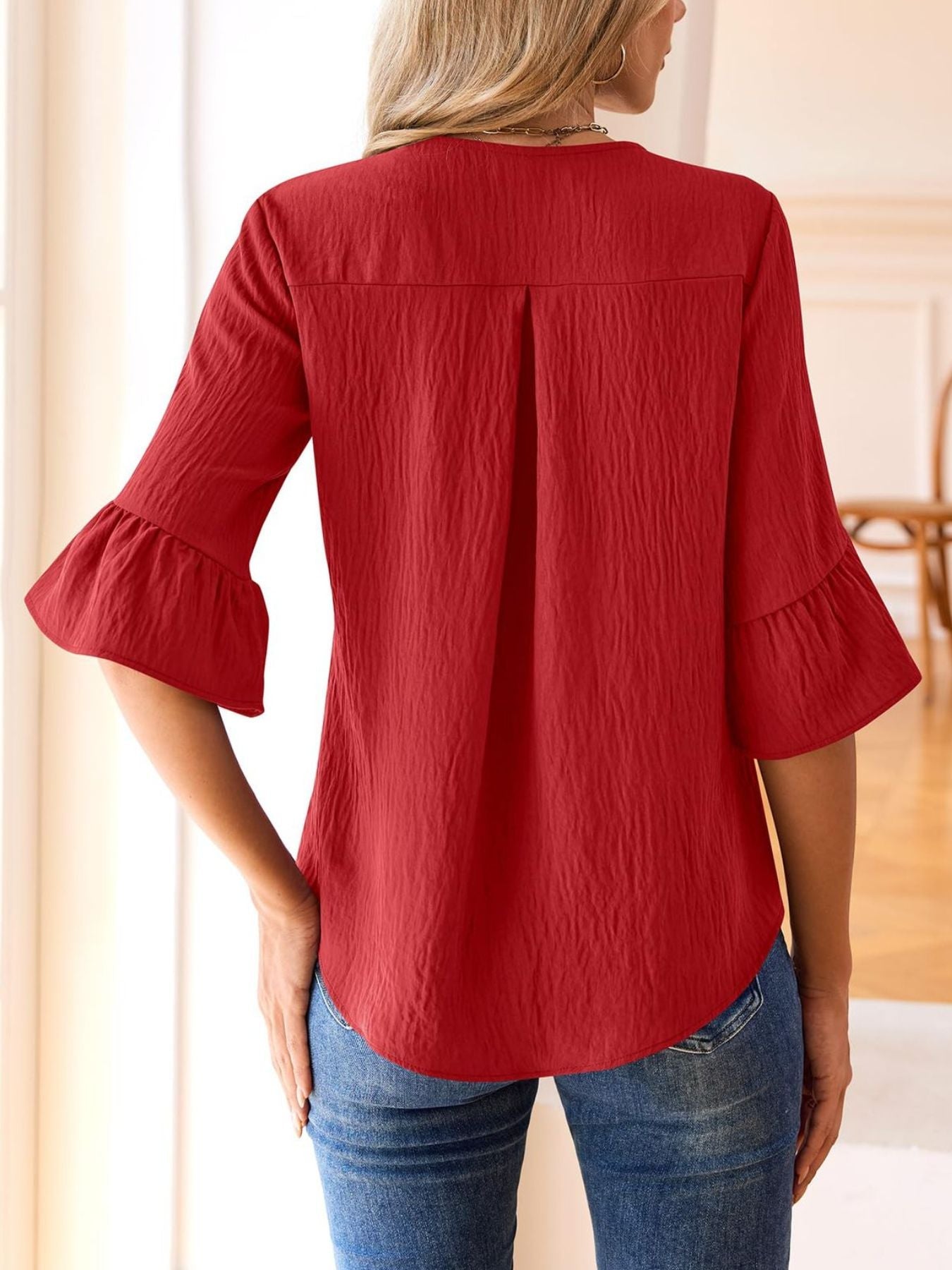 Ruffle V-Neck Flounce Sleeve Blouse