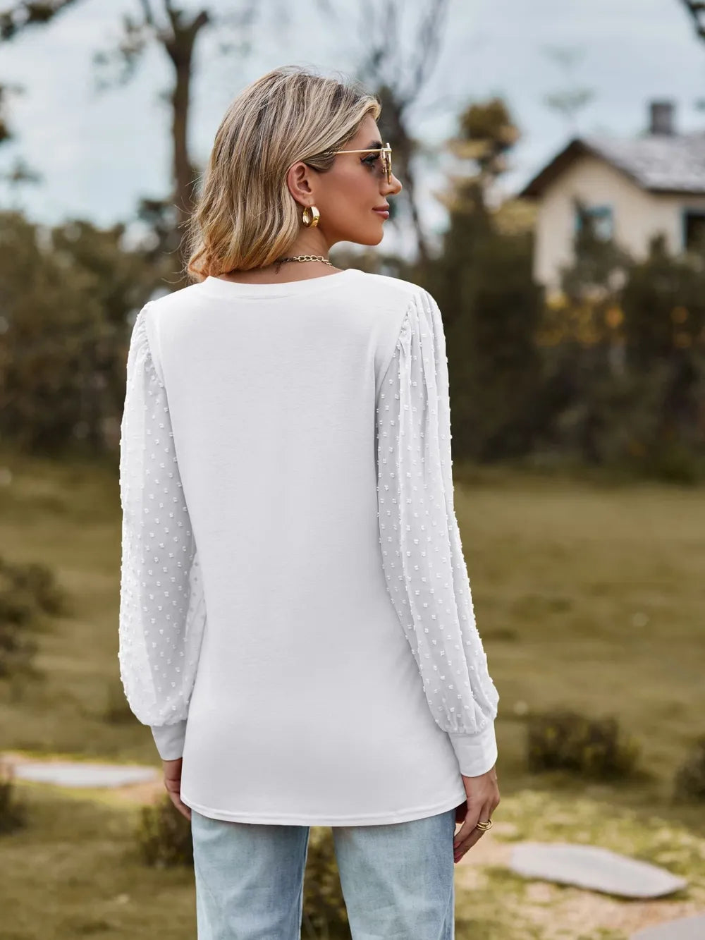 Swiss Dot V-Neck Long Sleeve Blouse