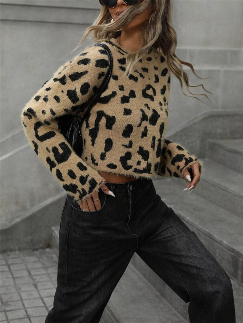 Leopard Fuzzy Knit Cropped Sweater