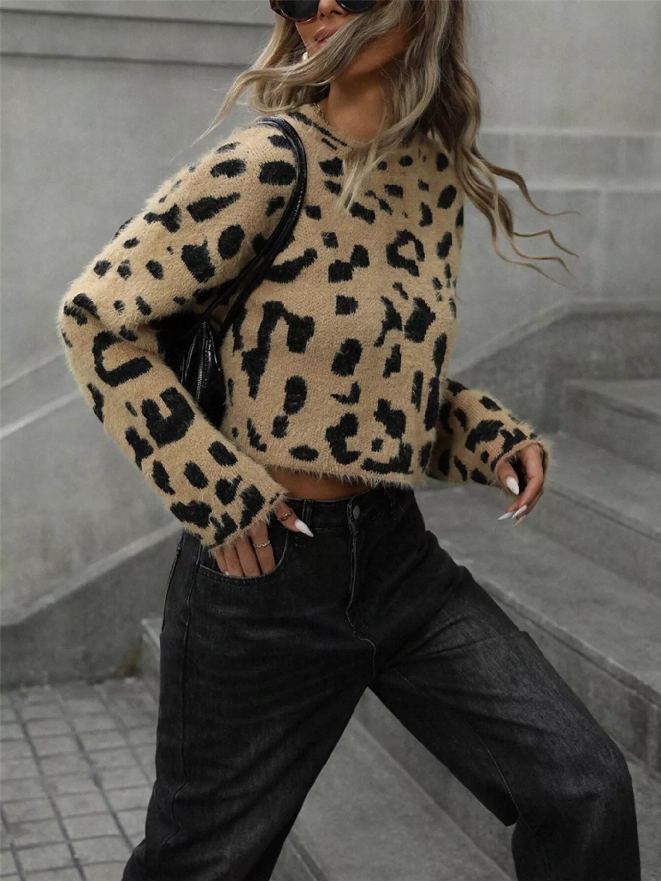 Leopard Fuzzy Knit Cropped Sweater