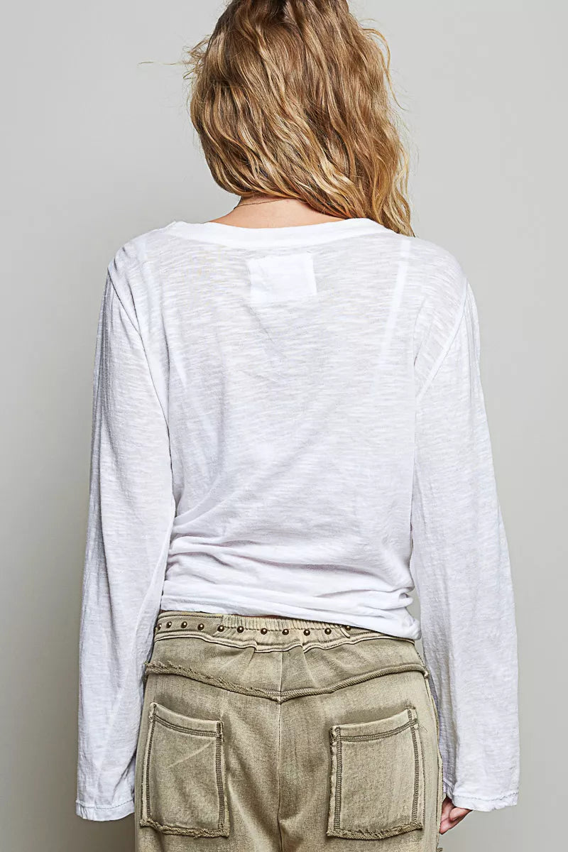 POL Contrast Hand-Stitch V-Neck Lightweight Knit Long Sleeve Top