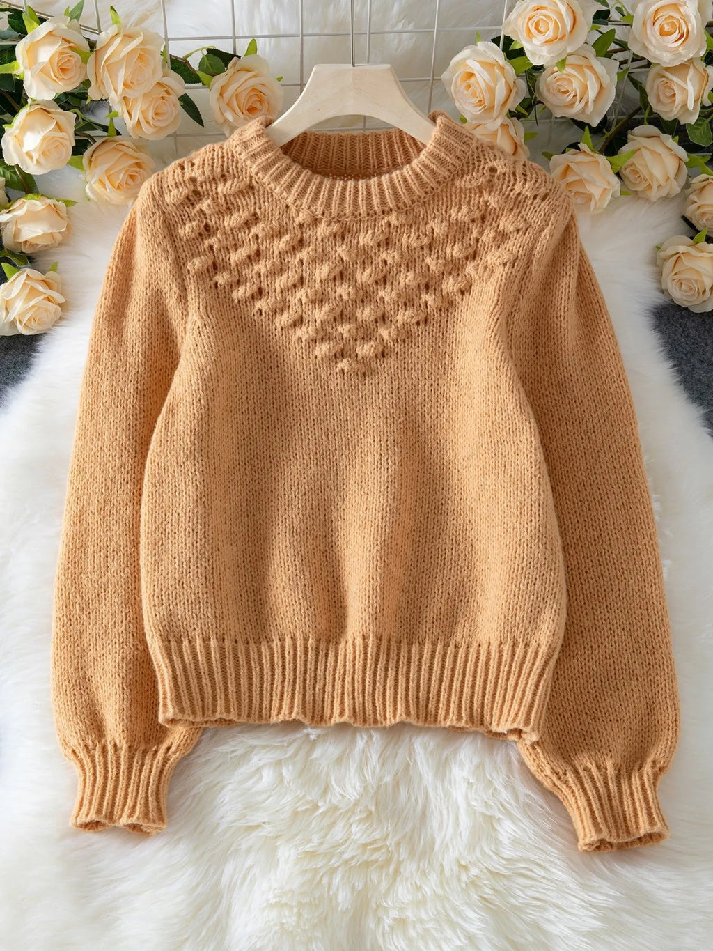 Textured Knit Round Neck Long Sleeve Sweater