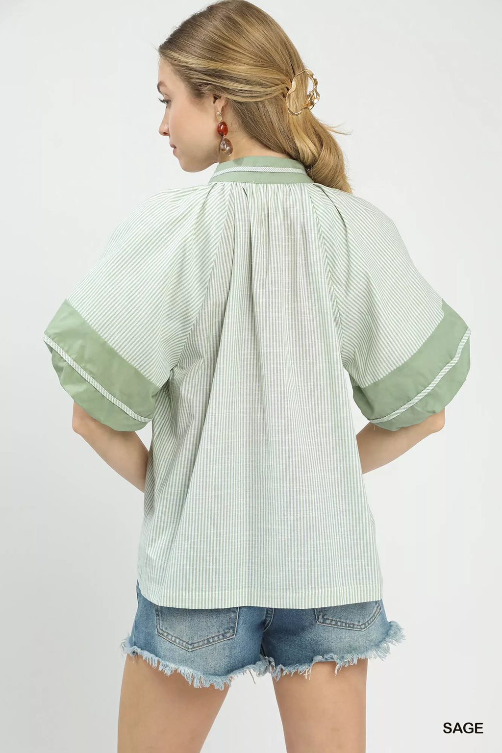 Umgee Striped Mixed Puff Sleeve Blouse