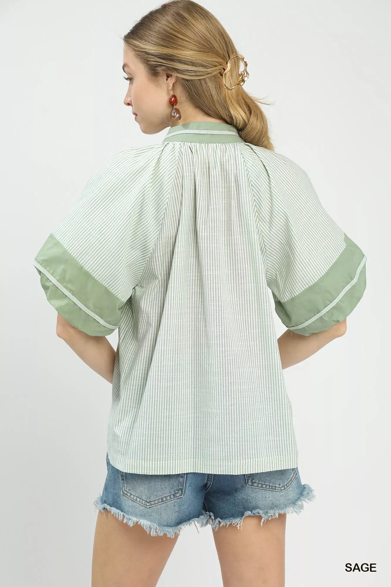 Umgee Striped Mixed Puff Sleeve Blouse