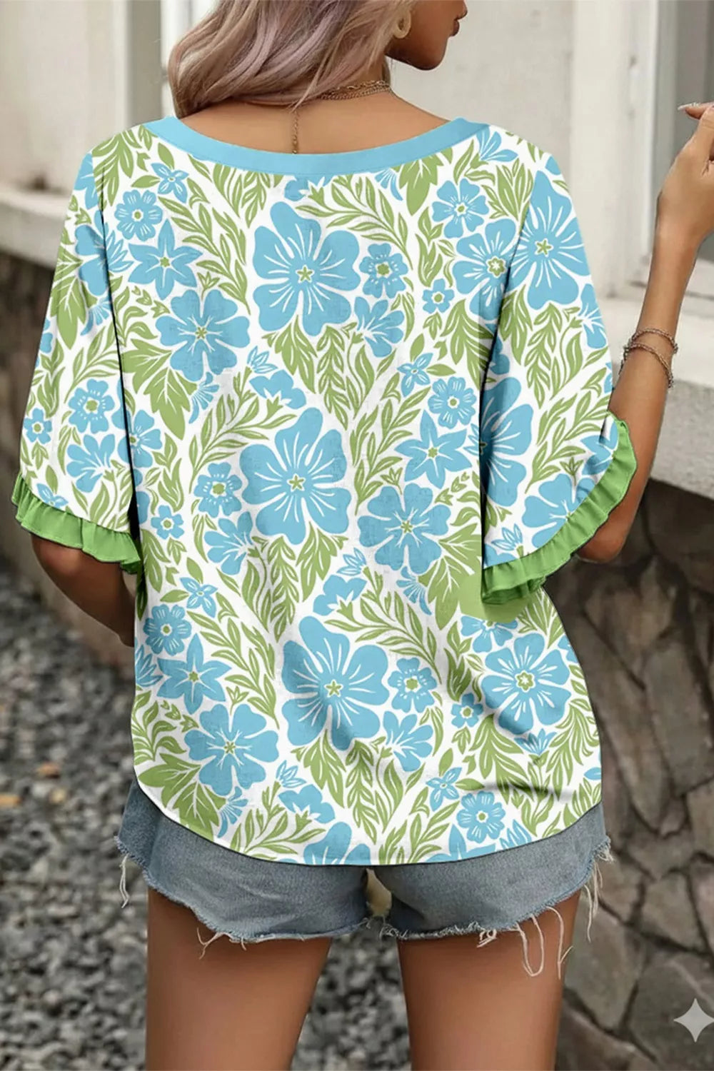 Floral Print Ruffled Color Block Trim Half Sleeve Blouse