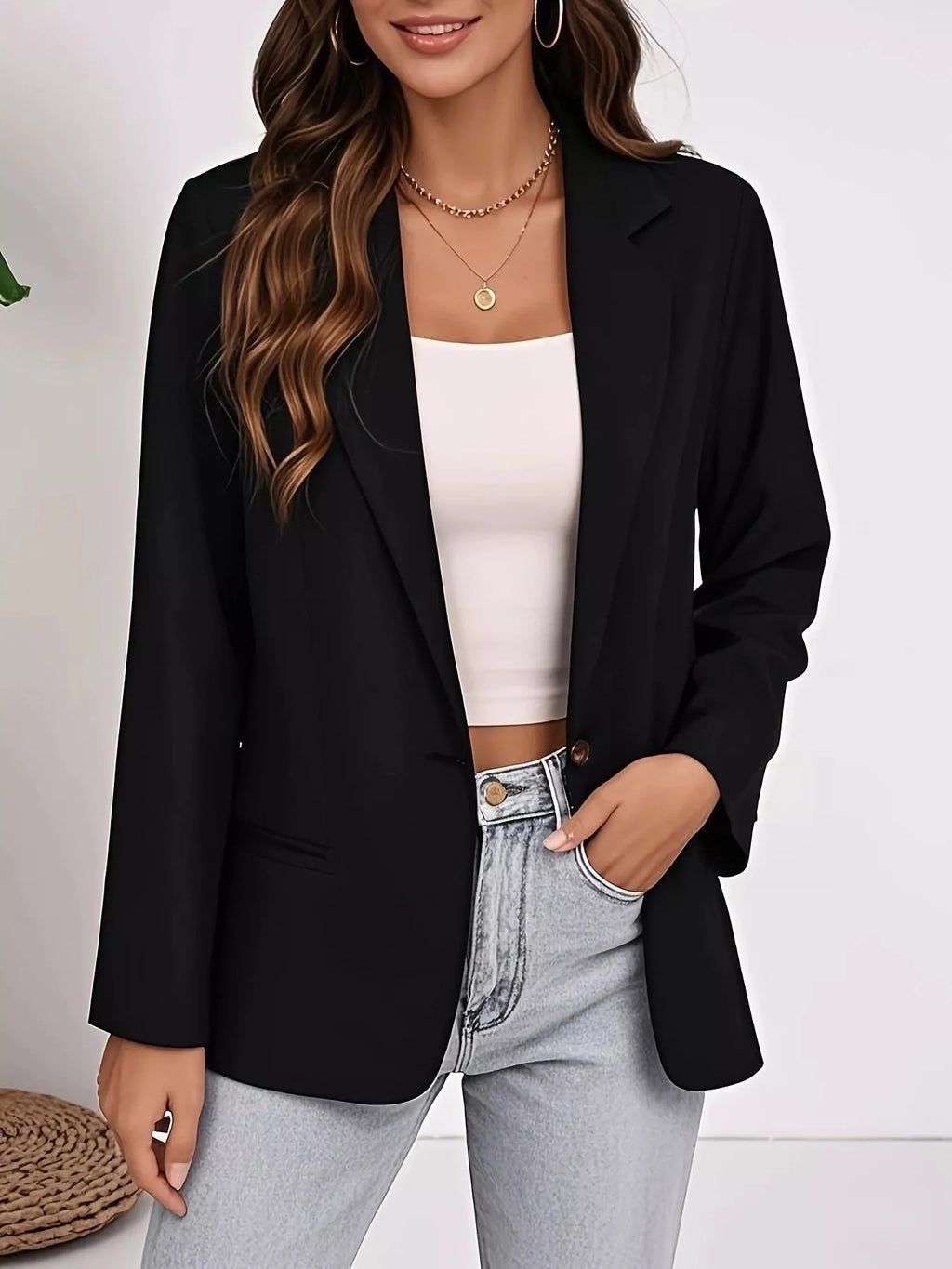 Plus Size Lapel Collar Single-Button Blazer