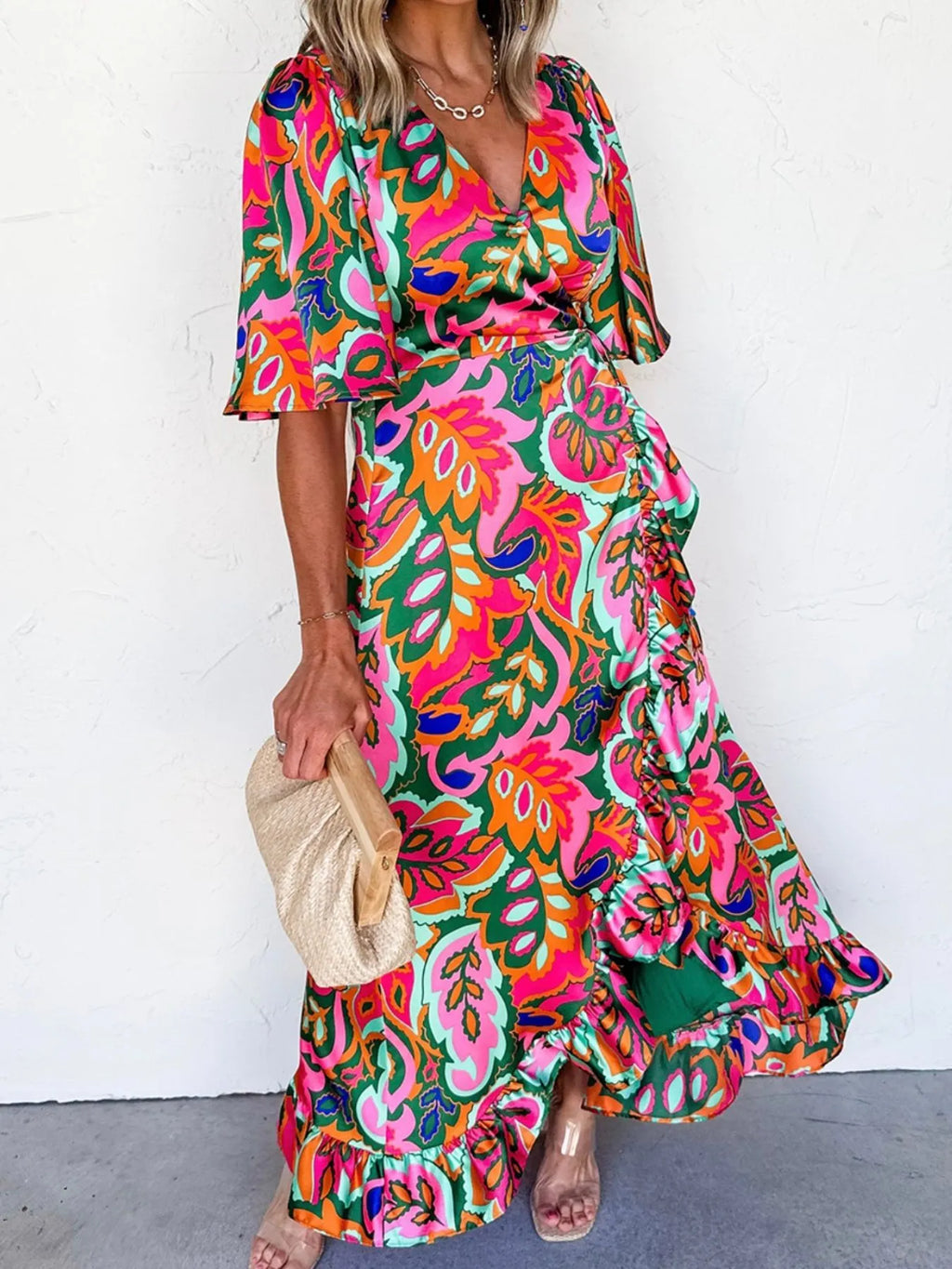 Floral Print Wrap Maxi Dress with Ruffle Details