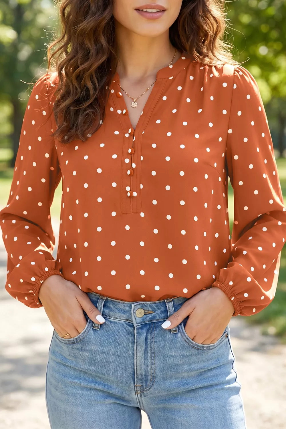Polka Dot Half Button V Neck Long Sleeve Blouse