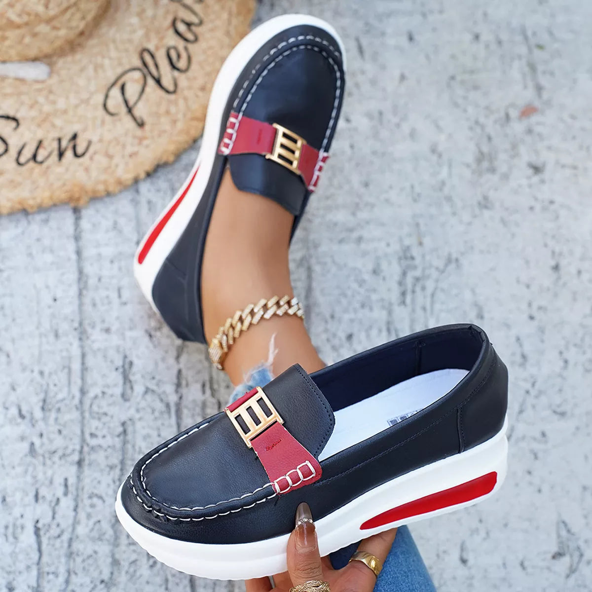 Metal Buckle Round Toe Slip-Ons