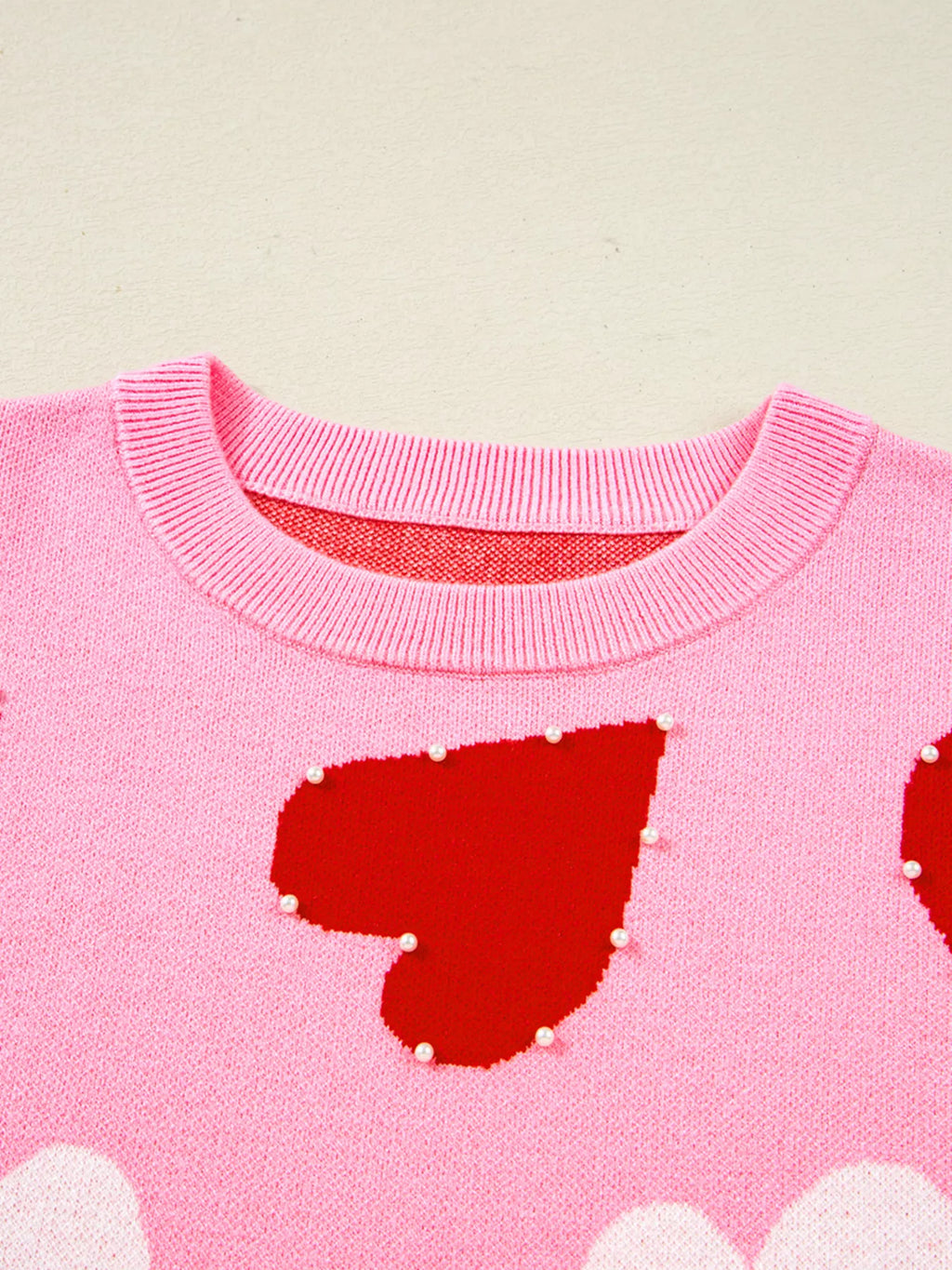 Pearl Embellished Heart Pattern Valentines Day Sweater
